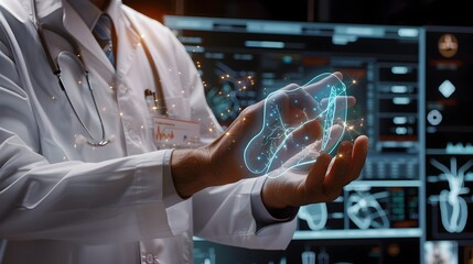 Doctor Utilizing Holographic Technology to Examine Intricate Human Anatomy in Healthcare