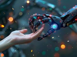 AI empathy, robotic hands touching a human hand, connecting in an abstract space