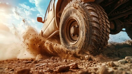 An off-road vehicle charges through the desert, its wheels and tires kicking up clouds of dust