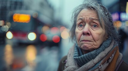 Close up portrait of sad Eastern European senior woman - obrazy, fototapety, plakaty