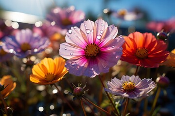 Colorful flowers with water drops, creating a vibrant natural landscape