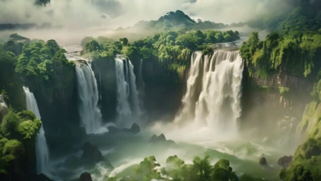 Majestic waterfall in the mountains, surrounded by lush greenery and flowing river, reminiscent of Niagara Falls