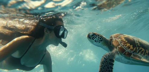 Fototapeten Sea turtle swimming underwater with woman in snorkeling mask. Snorkeling concept  © Petrova-Apostolova