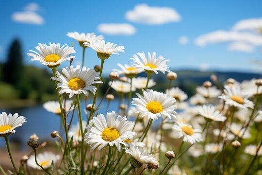 A meadow of daisies with a serene lake in the background