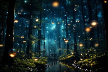 Fireflies light up the forest at night, creating a magical atmosphere