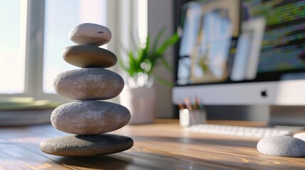 In the midst of office bustle, a stack of Zen stones on a computer offers a unique oasis of calm and focus