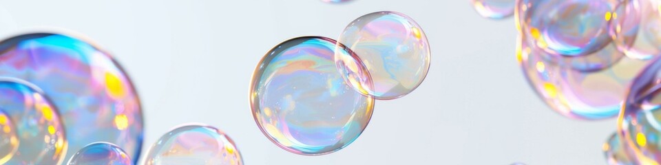 Reflective Soap Bubbles with Iridescent Colors and Light Floating Delicately - obrazy, fototapety, plakaty
