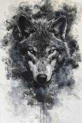 Wolf Head combination of smoky clouds. artistic canis lupus portrait wallpaper on white background