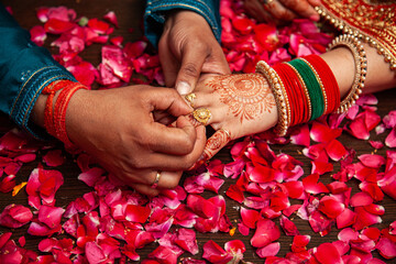 Indian couple exchanging their wedding rings during a Hindu Ring engagement ceremony.