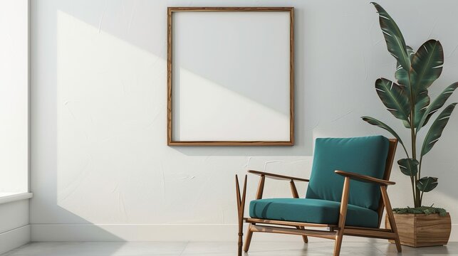 Wooden chair with teal cushion against white wall with art poster frame. Mid-century style home interior design of modern living room