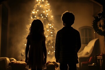 siblings watching Christmas tree with lights at night. Brother and sister at xmas eve	 - obrazy, fototapety, plakaty