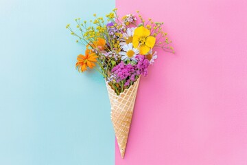 Summer background. Postcard. Flowers, ice cream. bouquet. Spring. March 8. Birthday