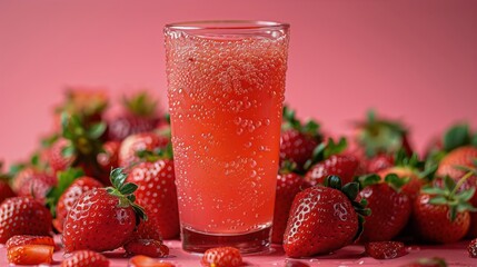 Glass of Liquid Surrounded by Strawberries