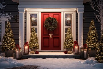Fototapeta na wymiar red front door and porch of classic suburban house facade exterior with white walls, decorated with festive garlands, christmas trees and wreath at nights with lanterns glowing