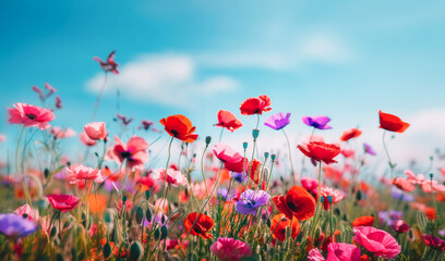 Field with purple and red poppies on sunny day and clear blue sky, natural spring background with copy space. - obrazy, fototapety, plakaty
