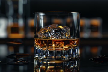 Whiskey glass with ice showcasing alcohol, beverage, drink, scotch, bourbon, neat and rocks in a bar setting