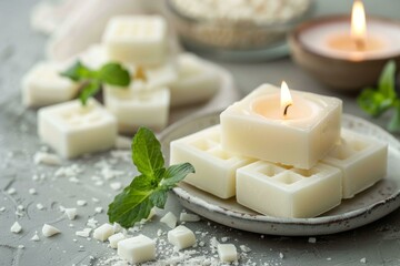 Fototapeta na wymiar Soy wax melt and candle composition creates an aromatherapy spa scene with relaxation and wellness vibes
