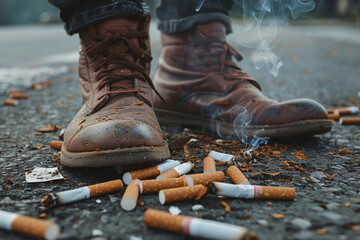 Men's shoes and in front of them a lot of broken cigarettes, quit smoking - obrazy, fototapety, plakaty