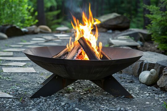 Steel fire pit with flames in a cozy backyard garden setting