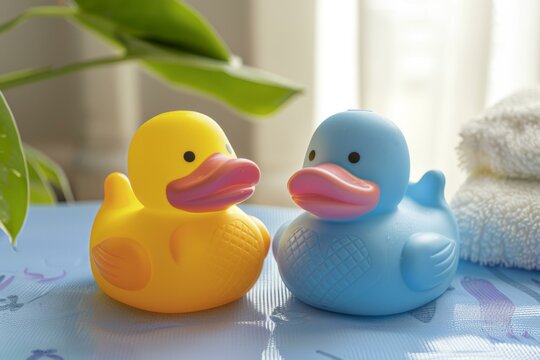 Yellow and blue rubber ducks bath toys are playful and cute in a bathroom setting