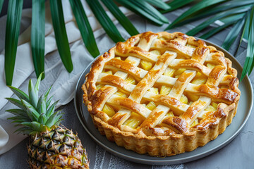 Tropical, fresh pie with pineapple filling decorated with palm leaves