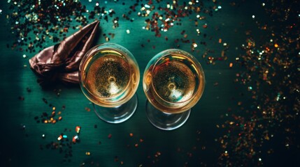 two glasses of champagne christmas on new year party festive green background view from above, with gold glitter