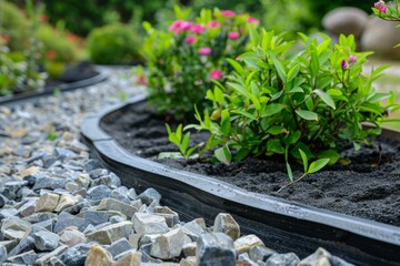 Garden edging with plastic border among stones, plants, and flowers for landscaping design