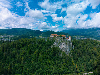 Fototapeta na wymiar Aerial View of the Cliff with Bled Castle, Slovenia