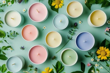 Colorful plant-based candles and aromatherapy decoration for relaxation and wellness spa environments