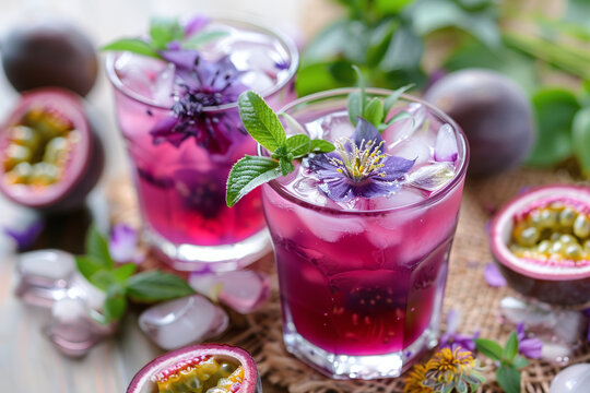 Summer, cold, fruity tea with fragrant flowers and fruits