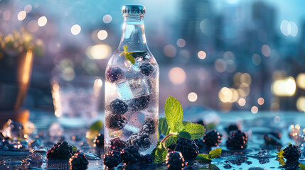 A refreshing visual of sparkling infused water with berries and mint leaves, suggesting pure indulgence