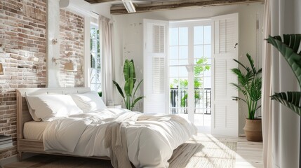 A cozy and bright white bedroom featuring charming brick accents, a spacious balcony, and a comfortable double bed