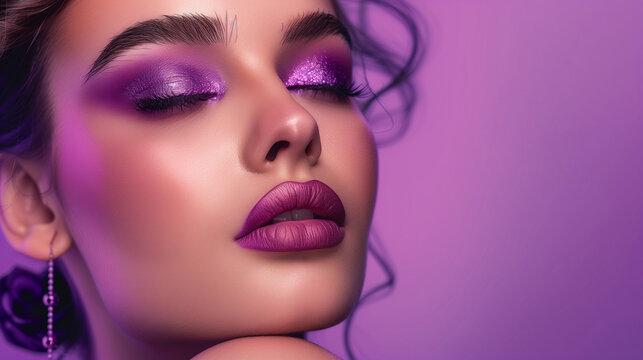 Luxury fashion style, nails manicure, cosmetics , make-up and curly hair . Makeup in shades of purple and violet earrings 