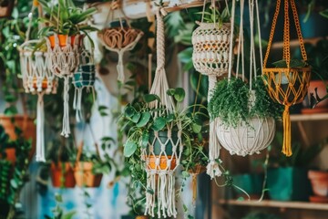Macrame plant hangers showcasing interior decoration with handmade craft and greenery in a bohemian home setup