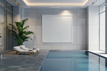 blank wall art frame in swimming pool room, indoor sport club, luxurious theme interior with empty art frame, Generative Ai