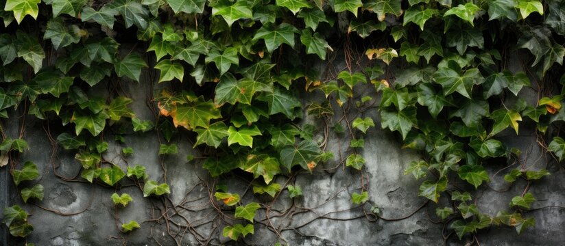 A terrestrial plant, ivy, is growing on a concrete wall. This natural landscape features a tree trunk covered in ivy, creating a vibrant green contrast against the grey road surface