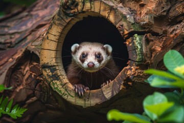 Curious ferret peeking out of a tree tunnel surrounded by green leaves in nature - obrazy, fototapety, plakaty