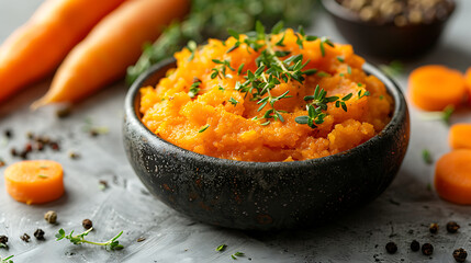 Carrots mashed in a bowl on a white background - obrazy, fototapety, plakaty