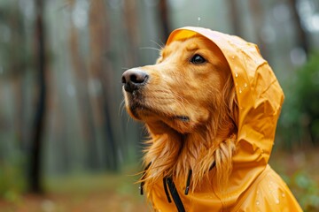 Golden Retriever dog in yellow raincoat with hood stands in forest