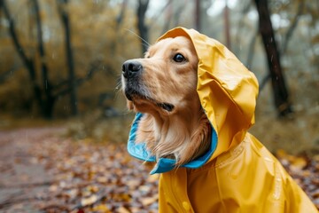 Golden Retriever in raincoat with hood strolls through autumn leaves on a rainy day outdoors