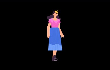 Long Haired Girl Wearing Casual Dress and Heels Walking 2D Cartoon Animation. Alpha Channel.