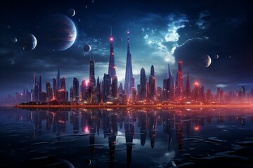 City reflected in water, planets in background against sky