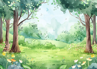 serene depiction of a lush forest meadow, awash with varying shades of green and dotted with delicate wildflowers