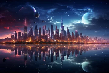 Garden poster Reflection Futuristic city skyline reflected in water at night