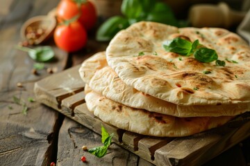 Pita bread on a wooden board with tomatoes basil and spices in a rustic culinary setting - obrazy, fototapety, plakaty