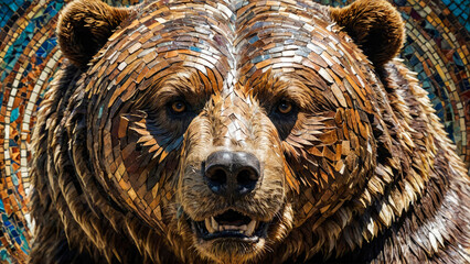 Fierce and majestic growling Russian bear looking at camera. His head is lined with mosaic in form of relief panel made of color leather scraps.  Strength and intensity in wild beast's gaze. Close-up. - obrazy, fototapety, plakaty