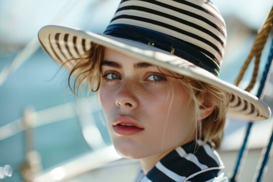 Portrait of a fashionable model wearing a striped hat and boating attire on a summer day