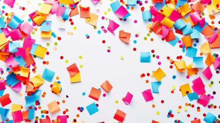 A playful composition of colorful paper confetti scattered on a bright white background for a celebration theme.