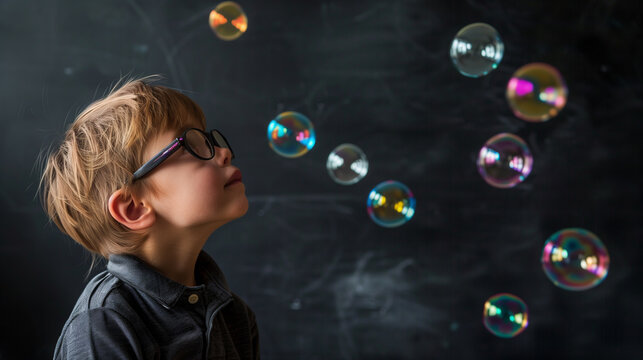 Kids Education, Child Boy Study in School, Thinking or Dreaming over Bubble on Black Chalkboard