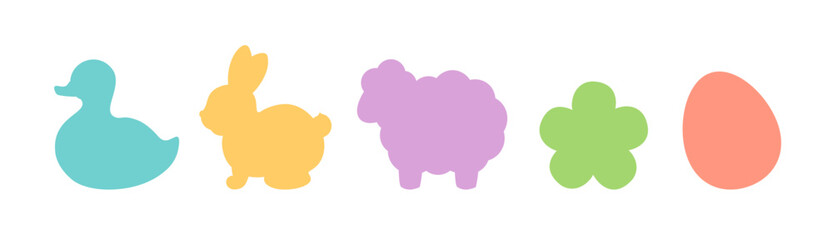 Spring symbols Easter icons vector set. Cute Easter bunny sign, Easter egg, chubby sheep, duck. Spring shapes card, logo, die-cutting, ads design element, cookie cutter, label, decal silhouette.